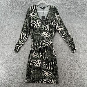 Ilse Jacobsen Dress Women M Green Zebra Jersey Knit Ruched Long Sleeve Career
